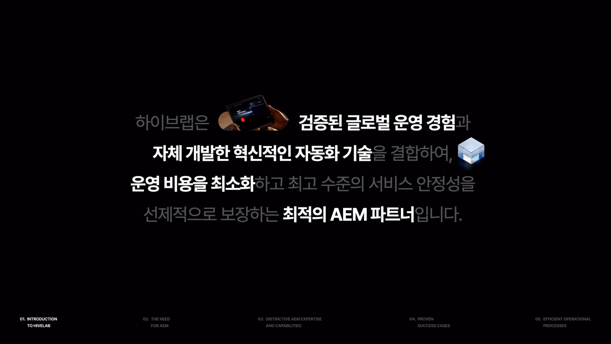 하이브랩은 검증된 글로벌 운영 경험과 자체 개발한 혁신적인 자동화 기술을 결합하여, 운영 비용을 최소화하고 최고 수준의 서비스 안정성을 선제적으로 보장하는 최적의 AEM 파트너입니다. 이미지 1