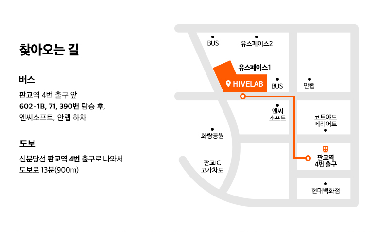찾아오는 길 : 1.버스(판교역 4번 출구 앞 602-1B,71, 390번 버스 탑승 후, 엔씨소프트, 안랩 하차), 2.도보(신분당선 판교역 4번 출구로 나와서 도보로 13분(900m))